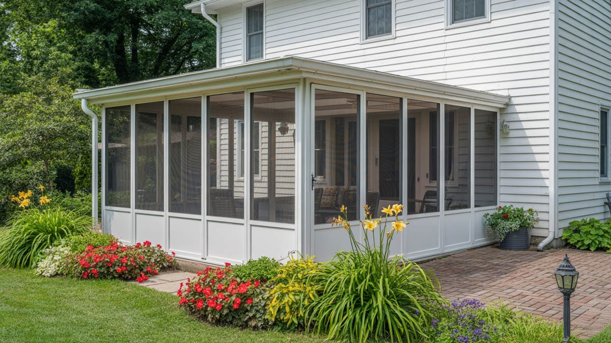Enclosed porch on white clapboard house with colorful flower garden beds and brick paver path
