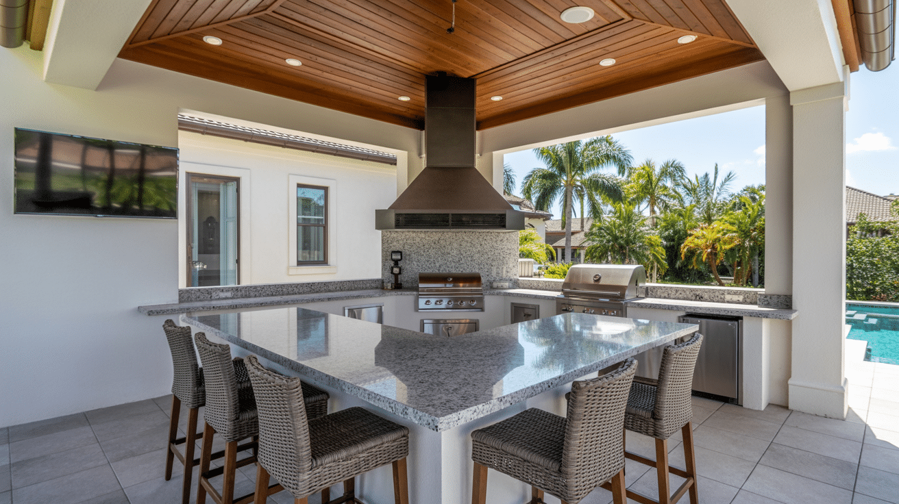 Covered outdoor kitchen with square granite island surrounded by wicker bar stools