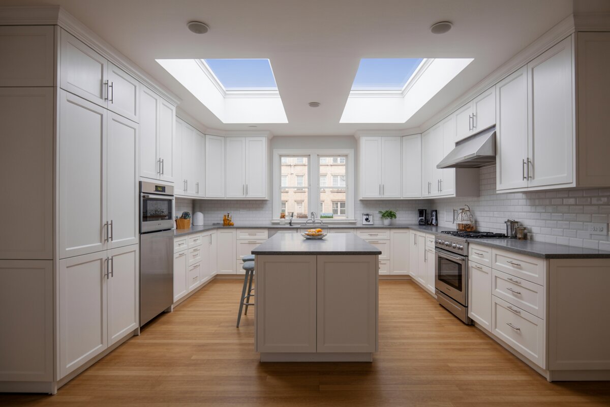 U shaped white kitchen with two skylights and a gray quartz island