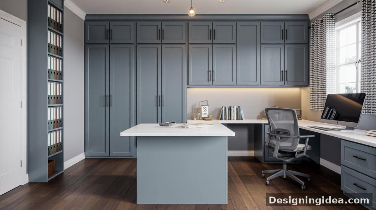 Slate gray shaker floor-to-ceiling cabinets flank a corner desk with a white island top, a gray mesh task chair, patterned curtains, and dark hardwood floors.