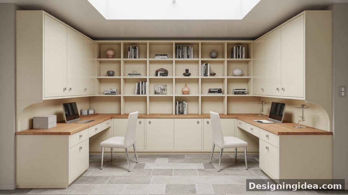 Built-in white alcove shelves above a long desk with two wicker chairs, dual monitors, and dark walnut hardwood floors below.