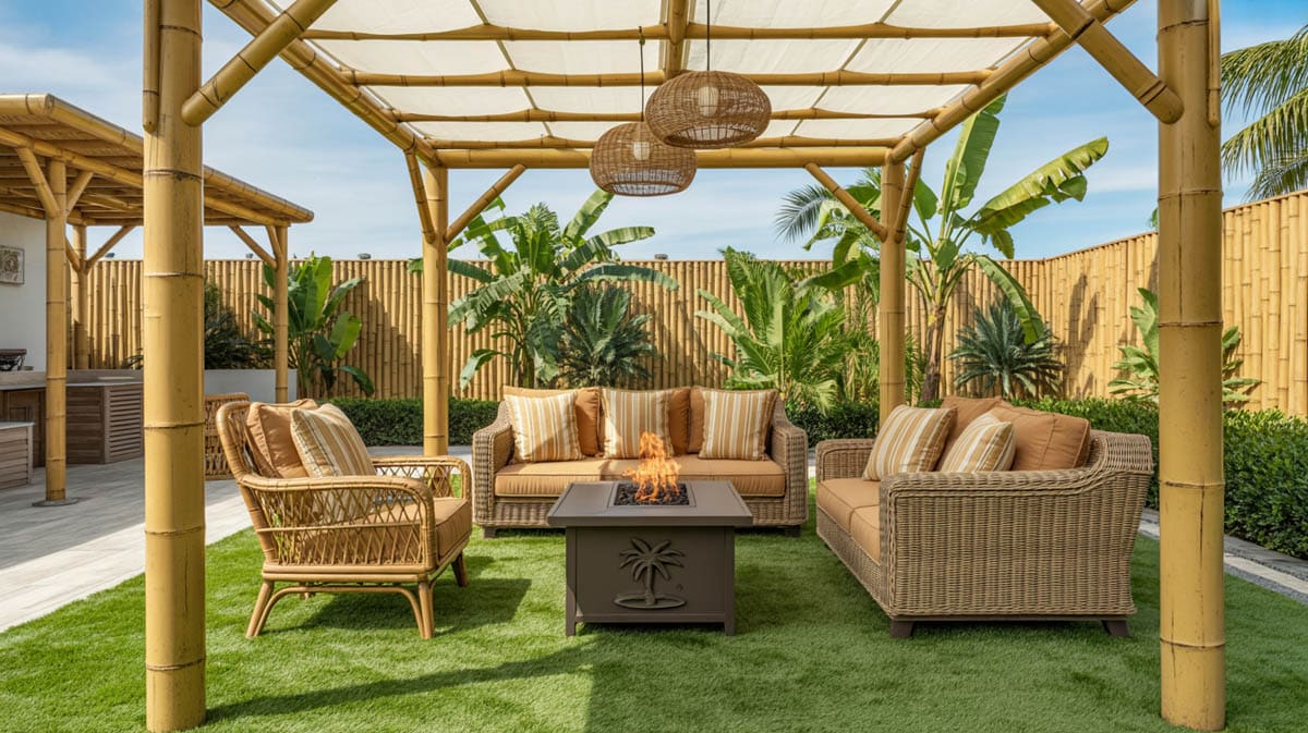 Tropical bamboo pergola with hanging pendant lights, rattan sofa set, fire pit table, and artificial grass