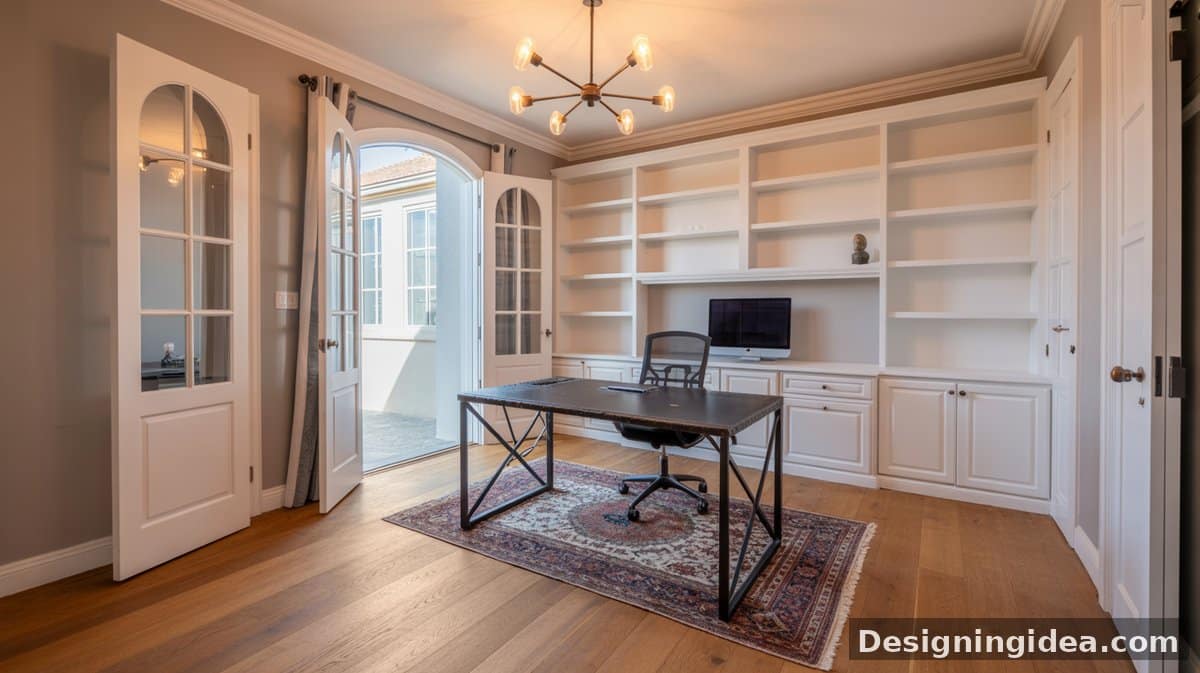 White open shelving surrounds an arched opening to an outdoor courtyard, with a dark X-base industrial desk on a Persian rug and wood floors.
