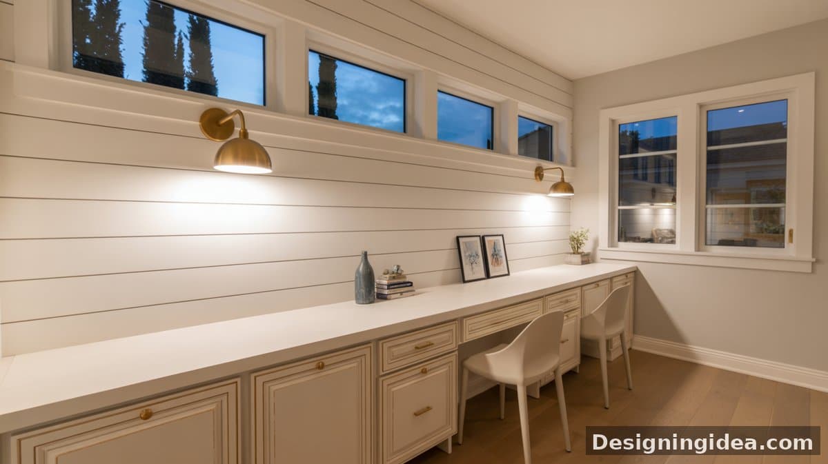 Built-in white beadboard L-shaped corner desk with upper mail sorter shelves, bin-pull hardware, and oak hardwood flooring.