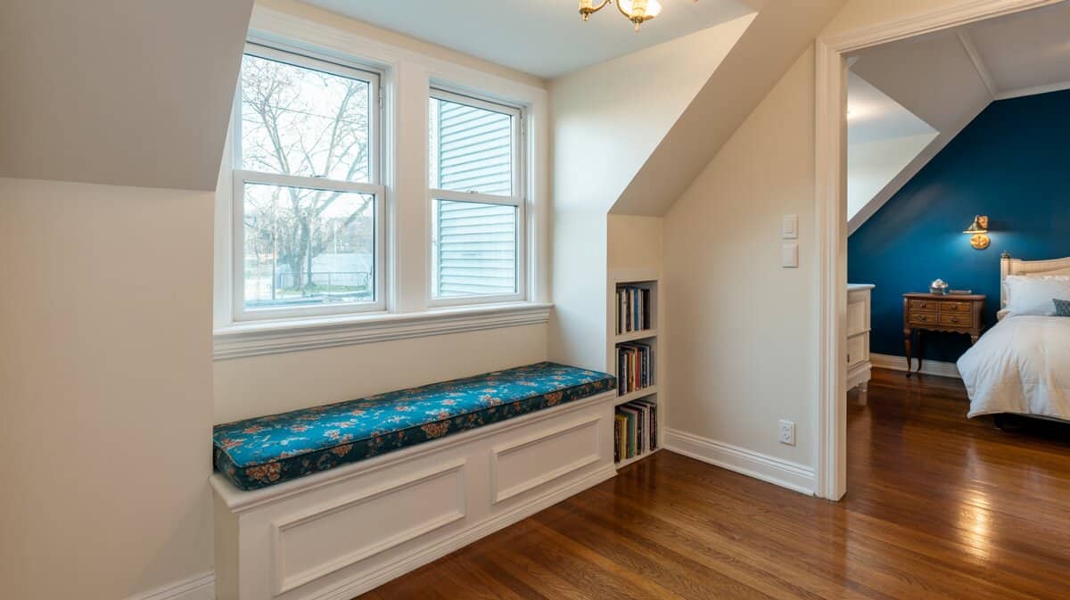 White bench with teal cushion and casement windows in angled ceiling