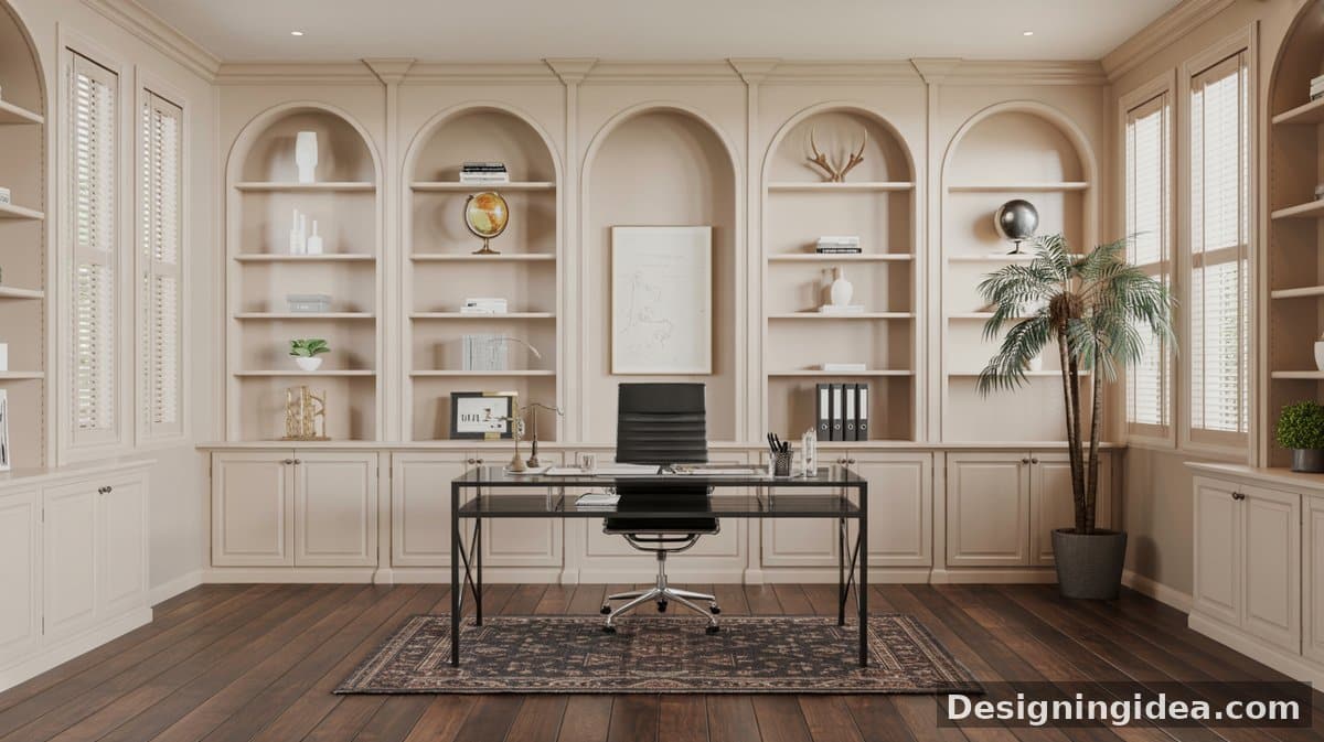 Cream arched niche shelves holding globes and antlers frame a glass and metal X-base desk on dark hardwood, with a tall palm plant in the corner.
