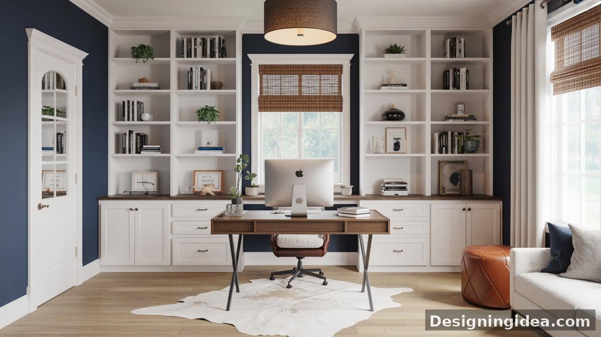 White open shelves flank a center window with bamboo shades against navy blue accent walls, with a walnut sawhorse desk, leather chair, and cowhide rug.
