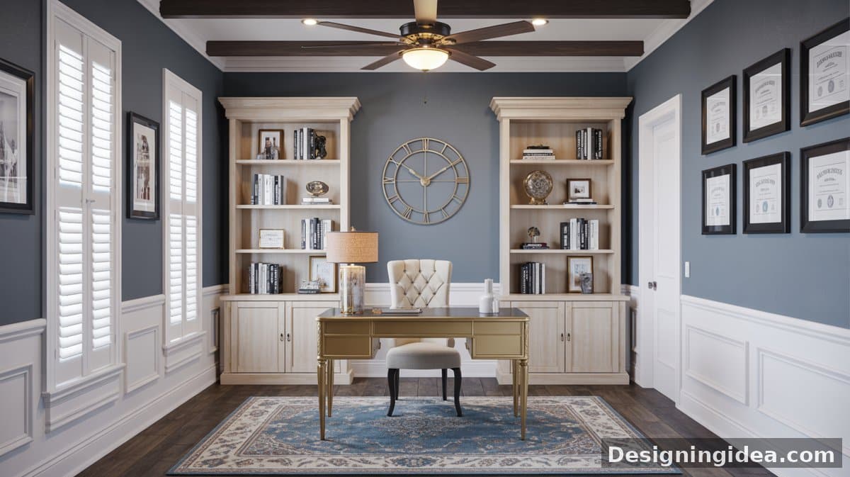 Antique cream bookcases flanking a large gold wall clock sit behind a gold-legged desk with a tufted white chair, plantation shutters, and dark hardwood.