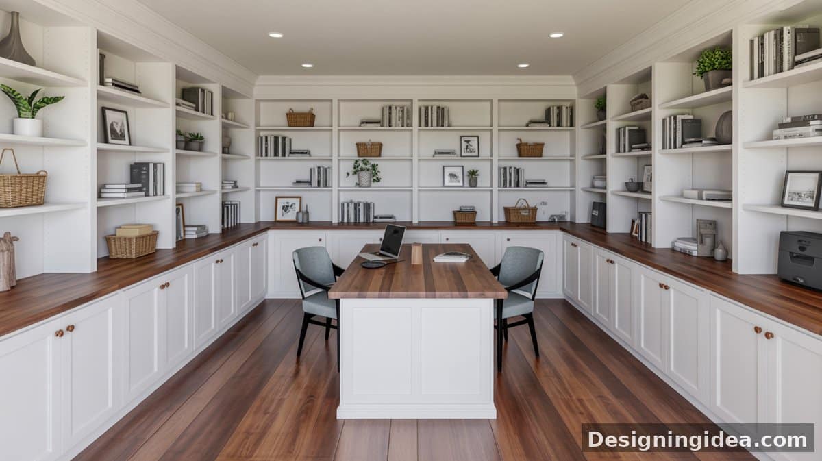 White wraparound shaker cabinets with a walnut countertop surround a center island worktable with two gray upholstered chairs on wide-plank dark hardwood.