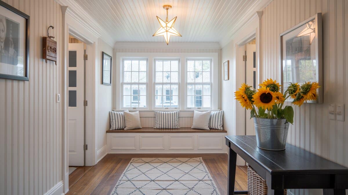 White cottage foyer hallway window bench with beadboard ceiling