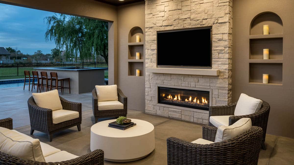 Luxury outdoor patio with stacked stone fireplace, wall-mounted TV, cream wicker chairs, and pool view at dusk