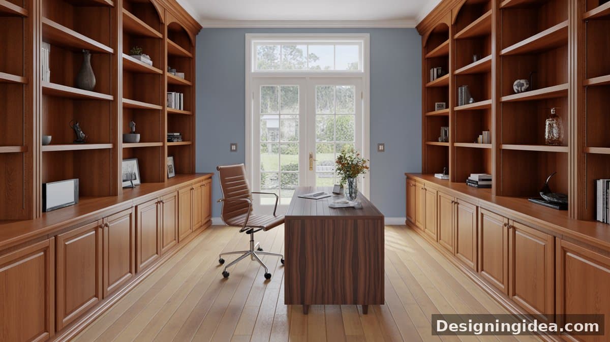 Built-in white flat-panel upper cabinets with a walnut backsplash panel hold a TV above a triple-monitor desk on bamboo floors.