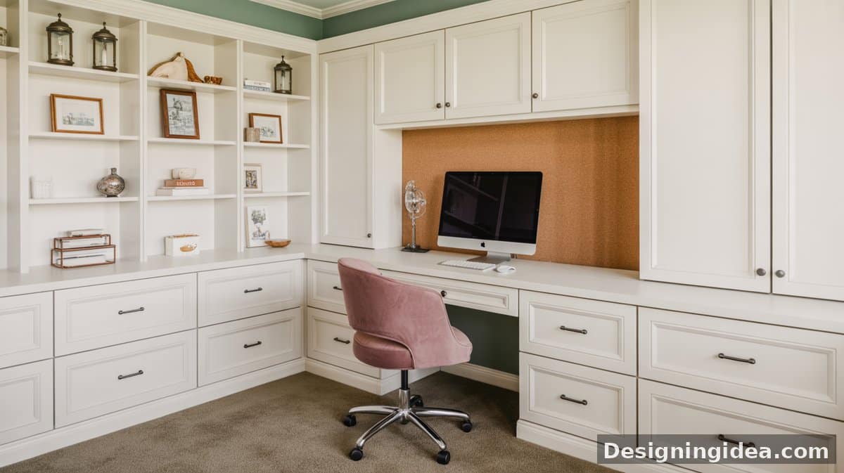 Cream raised-panel upper cabinets in a corner hallway nook above a dark quartz L-desk hold a laptop and printer, with a tan hallway leading to stairs.