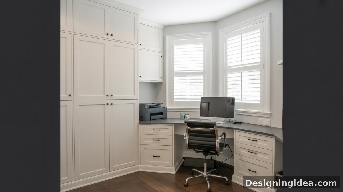 White shaker upper and lower cabinets with a gray countertop form an L-shaped corner desk with a black task chair and plantation shutters on dark hardwood.