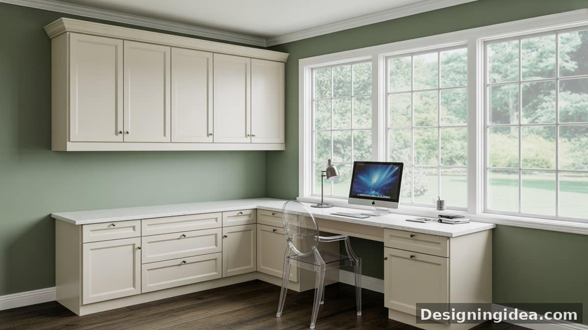 Cream corner upper cabinets and lower drawers on sage green walls pair with a white acrylic ghost chair, white quartz countertop, and large garden windows.