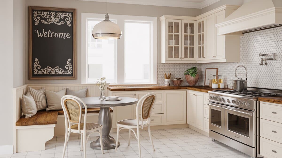 White kitchen chalkboard wall corner bench with cafe chairs and hexagon tile