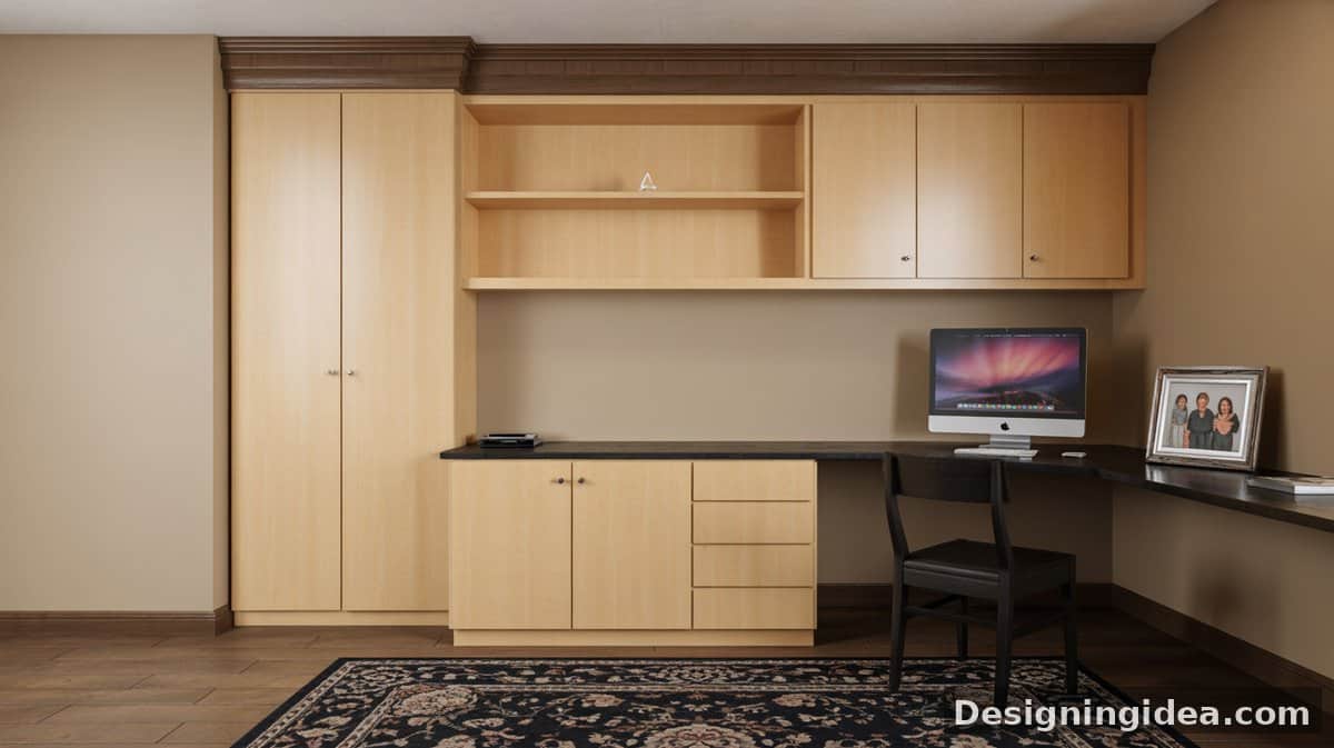 Light maple flat-front cabinets with a black countertop desk, open shelves above, a computer monitor, and family photos on a dark patterned area rug.