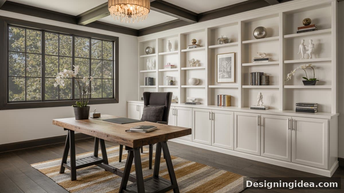 Open white shelving flanks a navy accent wall above a cowhide rug, mid-century X-base desk, and task chair on light blonde hardwood.