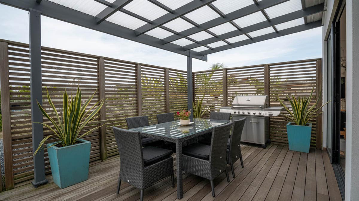 Modern patio with horizontal wood slat privacy fence, polycarbonate roof, wicker dining set, and turquoise planters