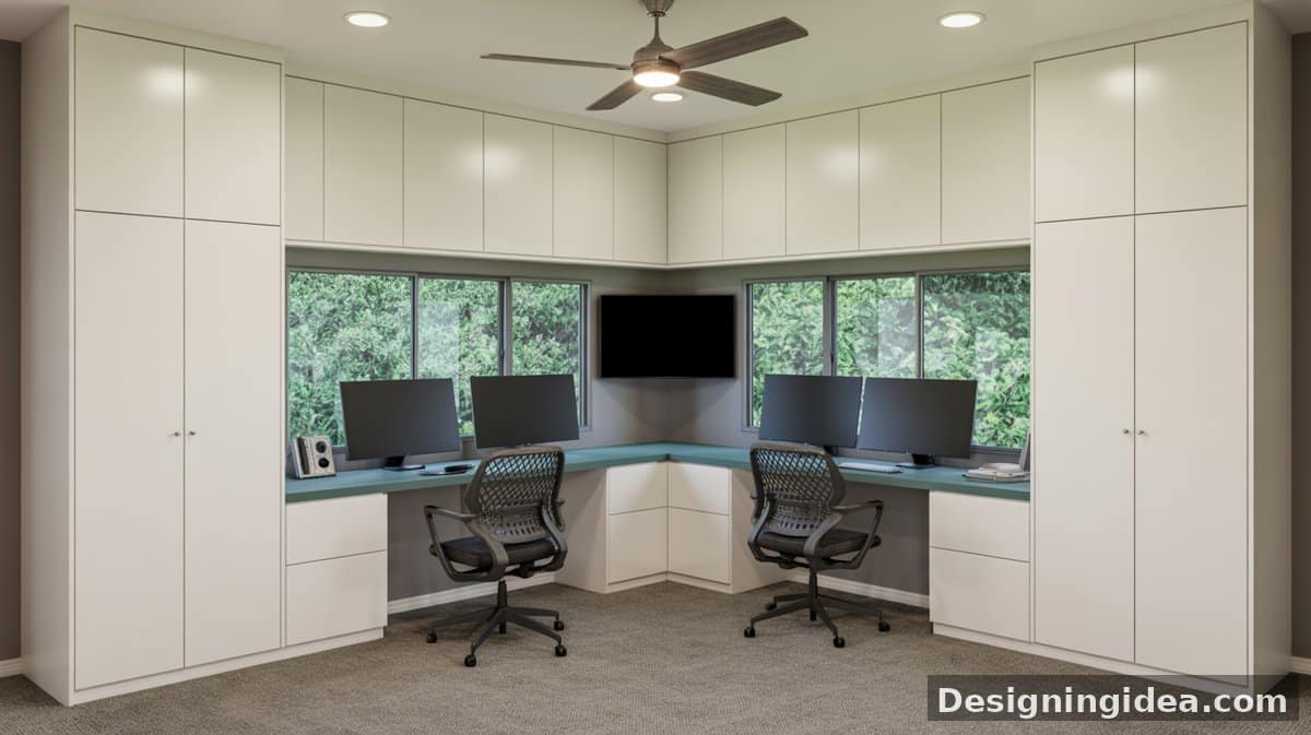 Built-in white shaker desk with a cork board insert and a pink velvet rolling chair, green accent wall, and upper shelving.