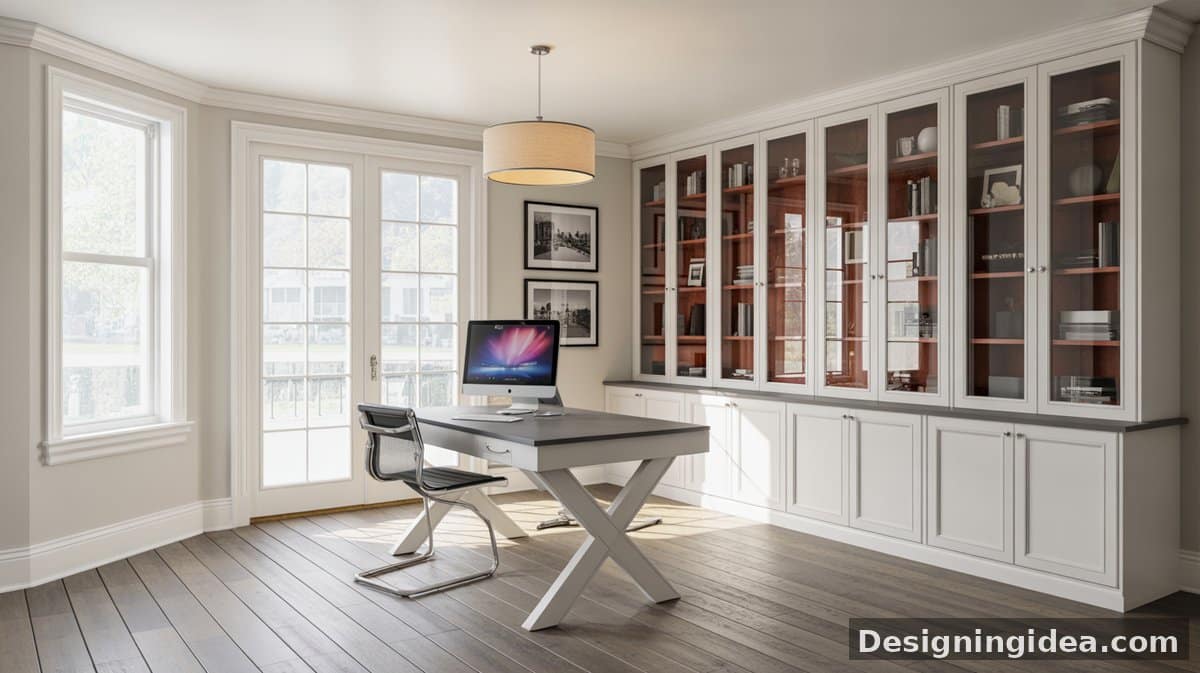 White glass-door upper cabinets with a red wood interior back panel sit beside a white cross-base desk with a computer monitor and French garden doors.