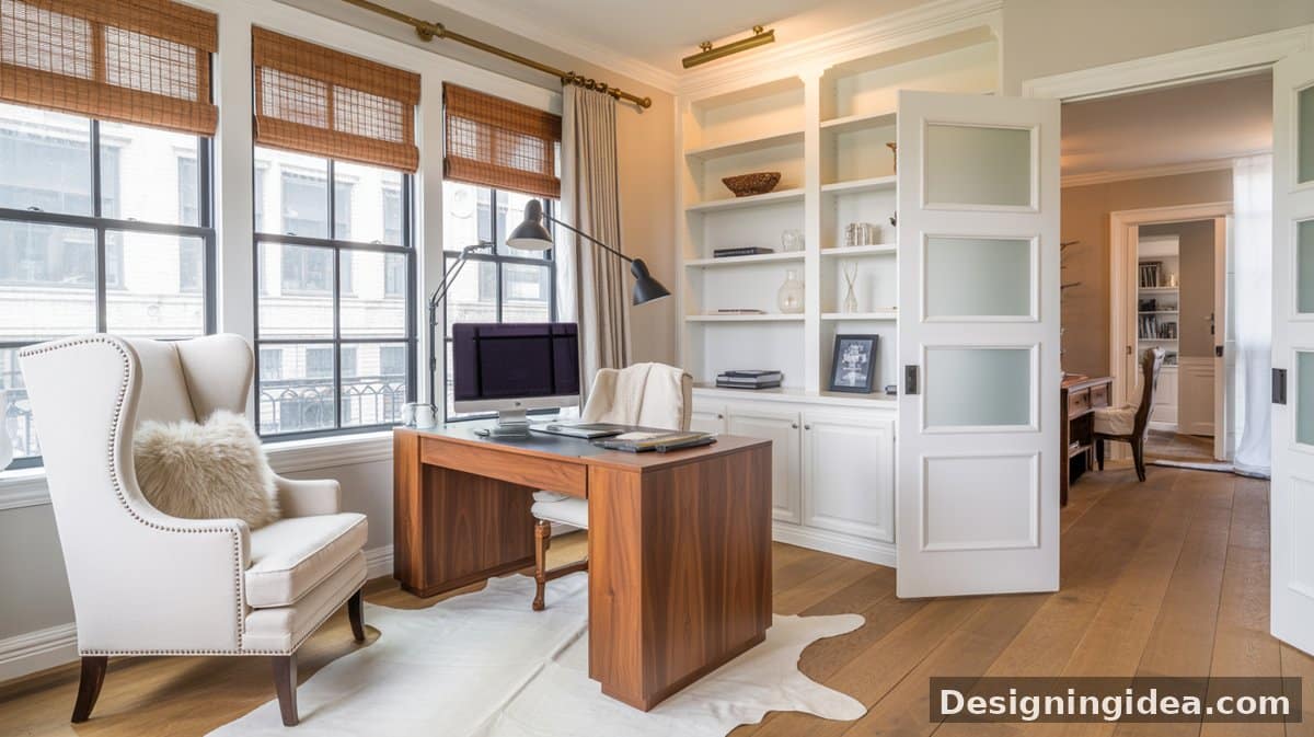 White shelves with a frosted glass panel door adjoin a walnut desk with a white wingback chair and bamboo roman shades on wide-plank hardwood floors.