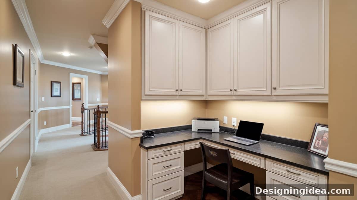 Upper cabinet hallway nook with dark quartz countertop, a laptop and printer under under-cabinet lighting with iron stair balusters visible.