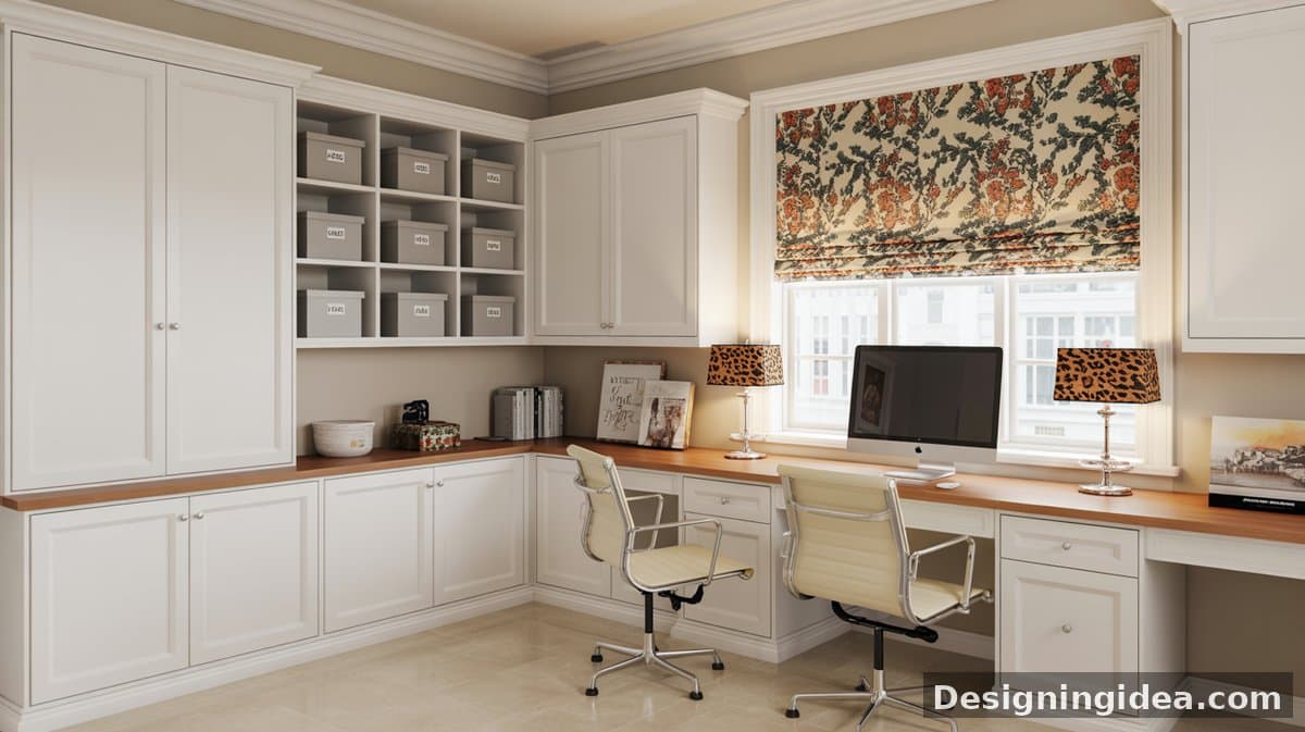 Upper shaker cabinets over a floating white hallway desk with a wood side chair, mail and pen holders, and light oak floors throughout.