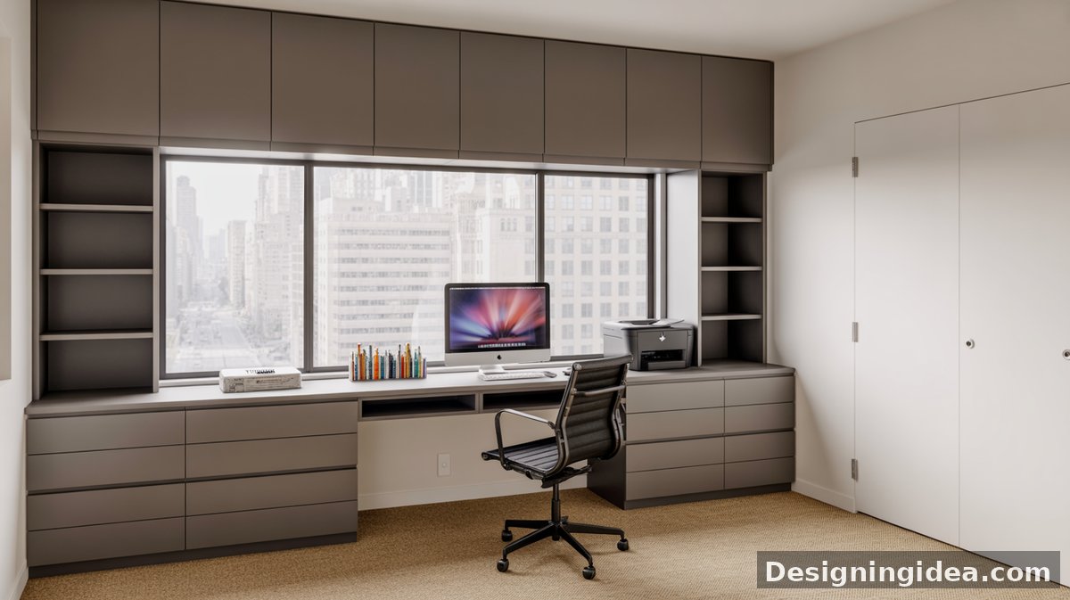 Taupe flat-front wraparound cabinets with a teal countertop hold dual monitors, with city views through a wide window over carpeted flooring.