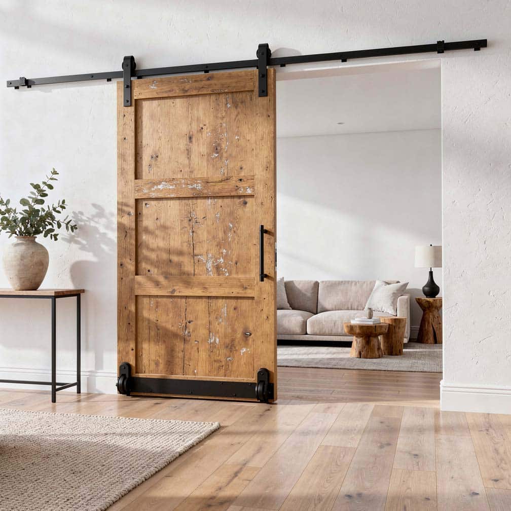 Wide living room entryway with a large rustic sliding panel on exposed black hardware and a bottom roller guide