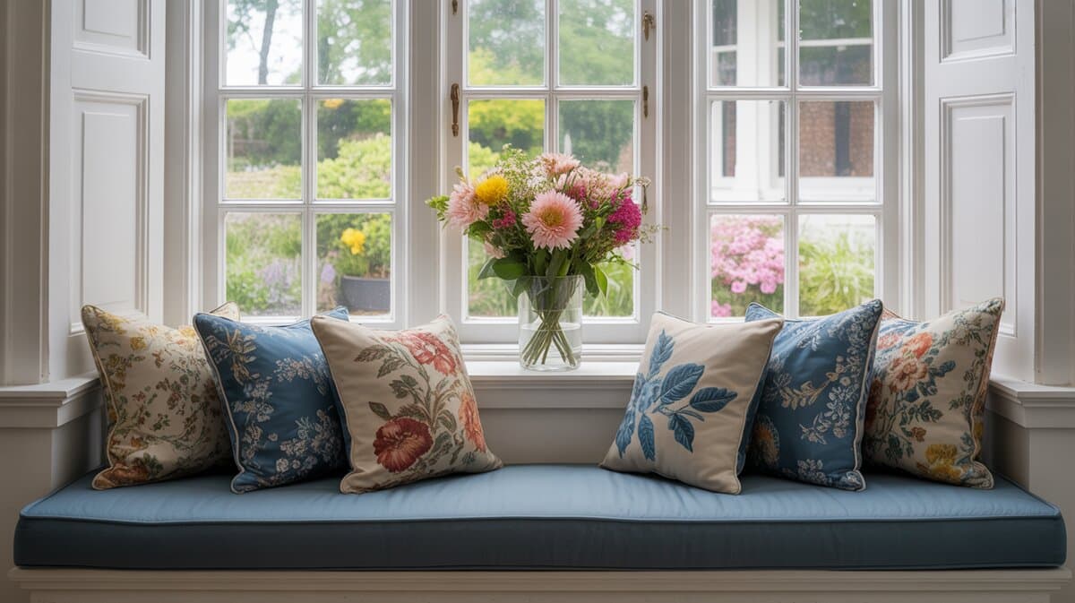 Window seat with blue cushion and floral pillows beneath casement windows with flowers