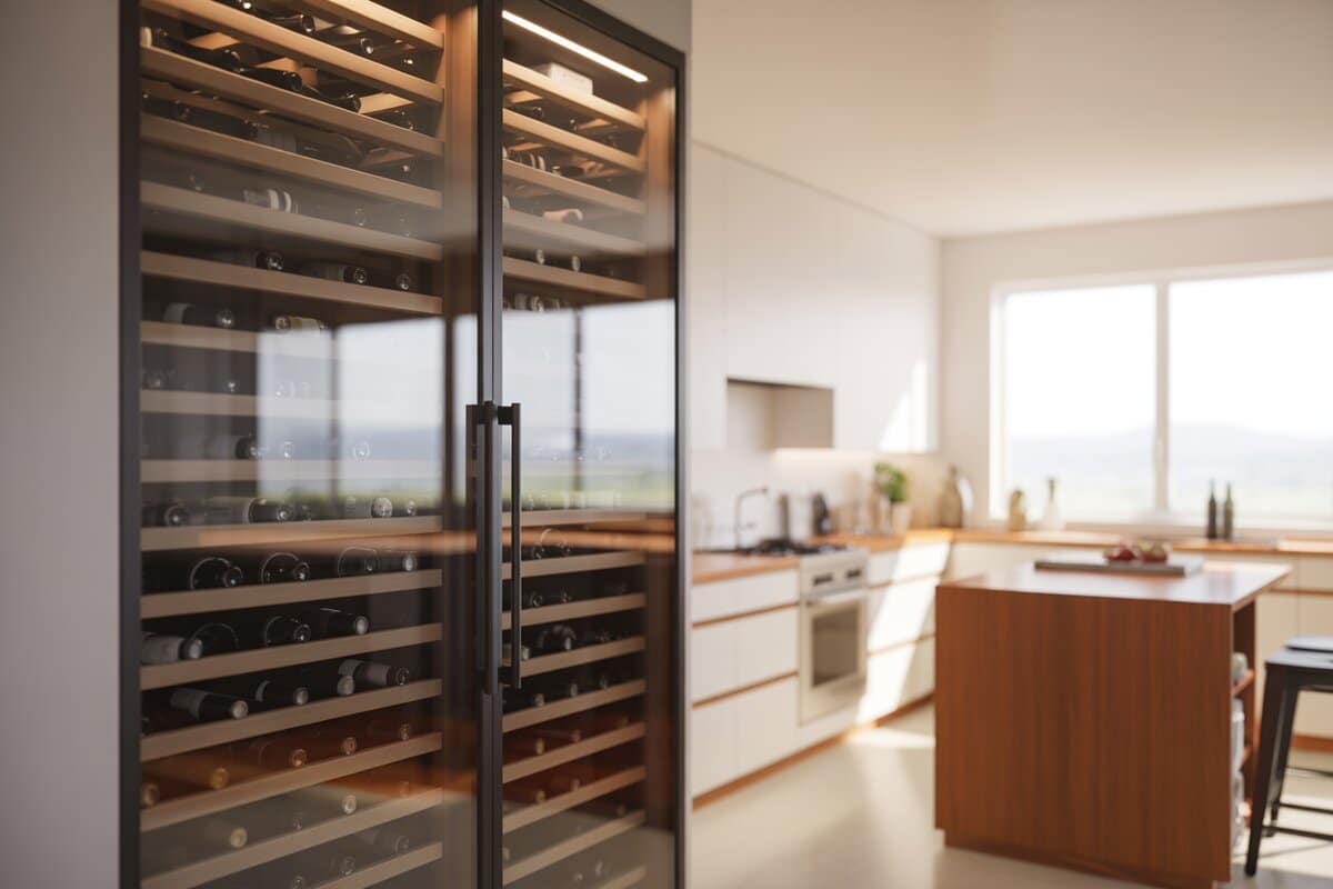 Tall glass wine cabinet beside a white kitchen with walnut island