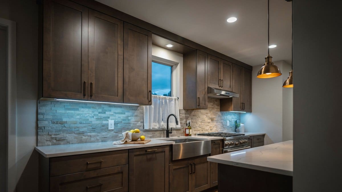 Dark wood cabinet kitchen with under cabinet lighting and a blue stone backsplash