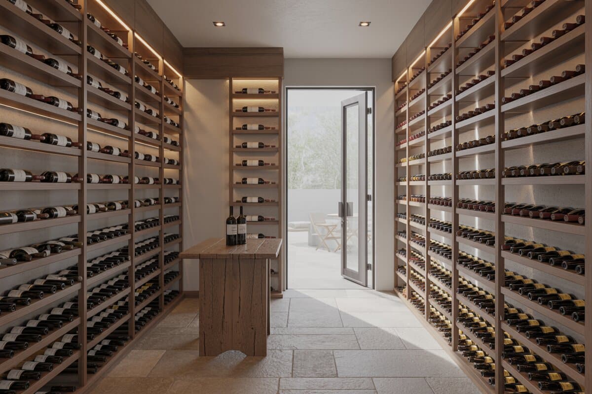 Wood-lined wine cellar corridor with backlit bottle racks and stone floor