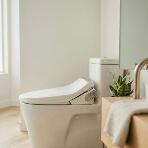 Modern electronic bidet toilet seat with side control panel in white bathroom