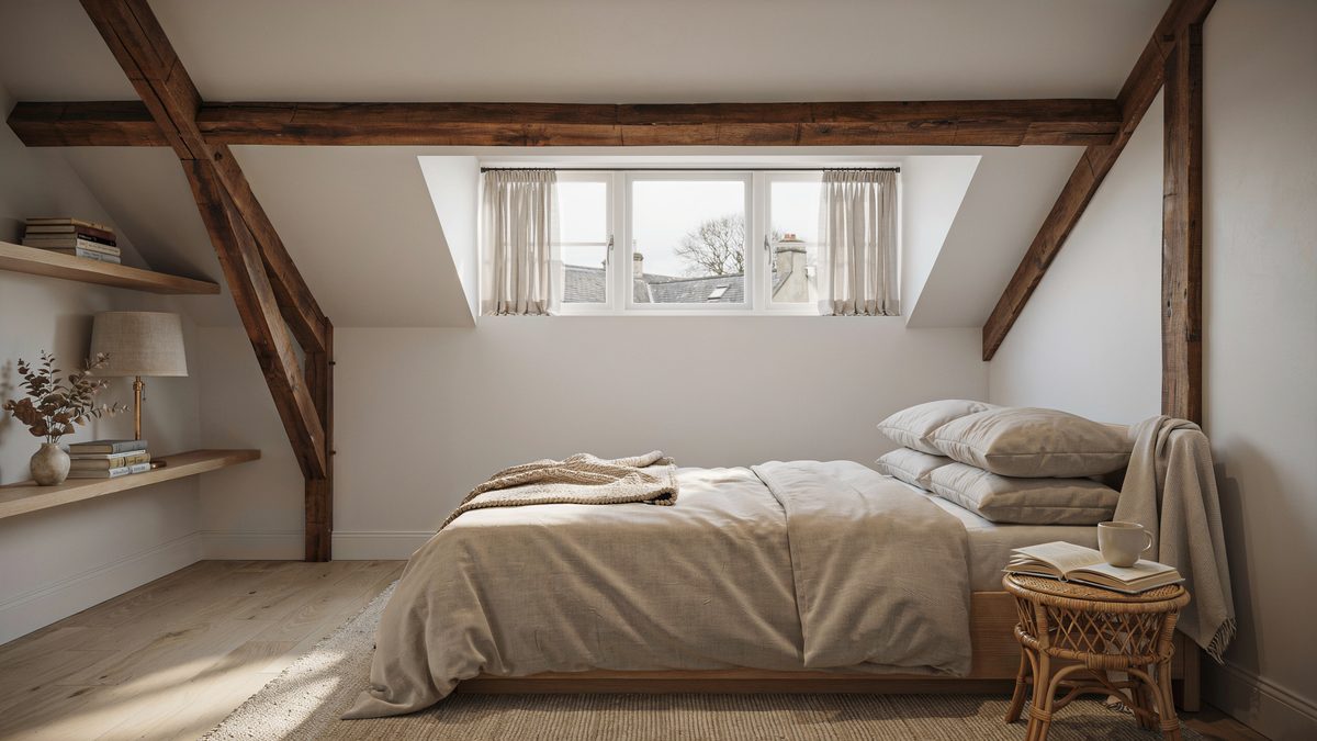 Attic bedroom under timber rafters with dormer window and floating shelves