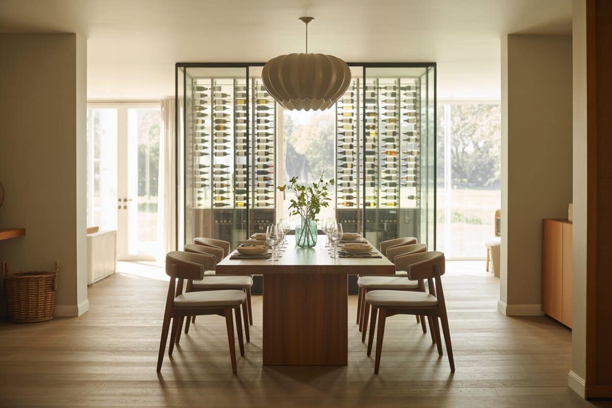 Walnut dining table before a glass wine wall with round pendant