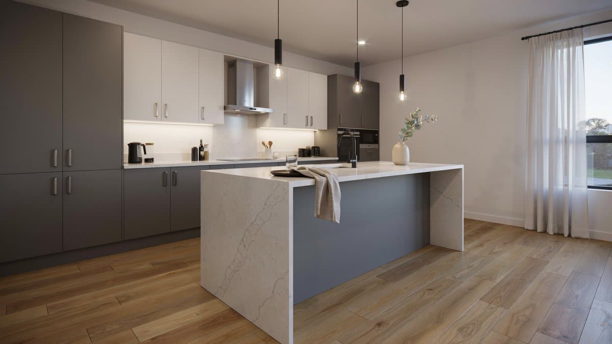 Modern two tone kitchen with fluorescent strip lighting and a quartz waterfall island