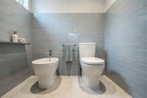 Blue tiled water closet with white over-the-rim bidet next to toilet