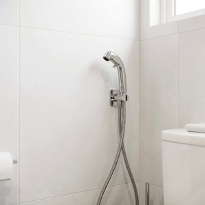 Stainless steel handheld bidet sprayer on braided hose beside white toilet