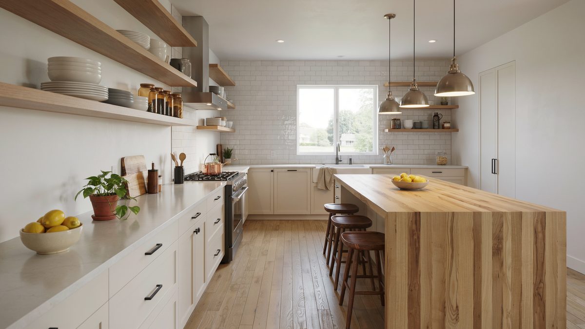 Galley kitchen with open shelving, subway tile and butcher block island