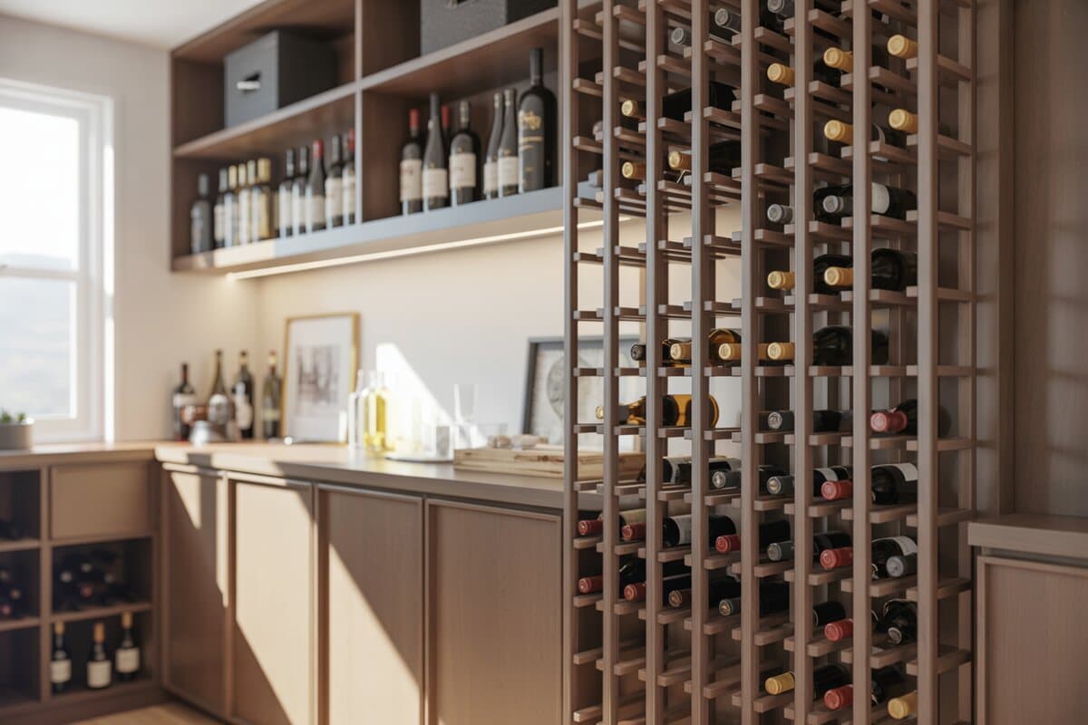 Floor-to-ceiling wood wine rack beside cabinets with sunlit countertop bottles