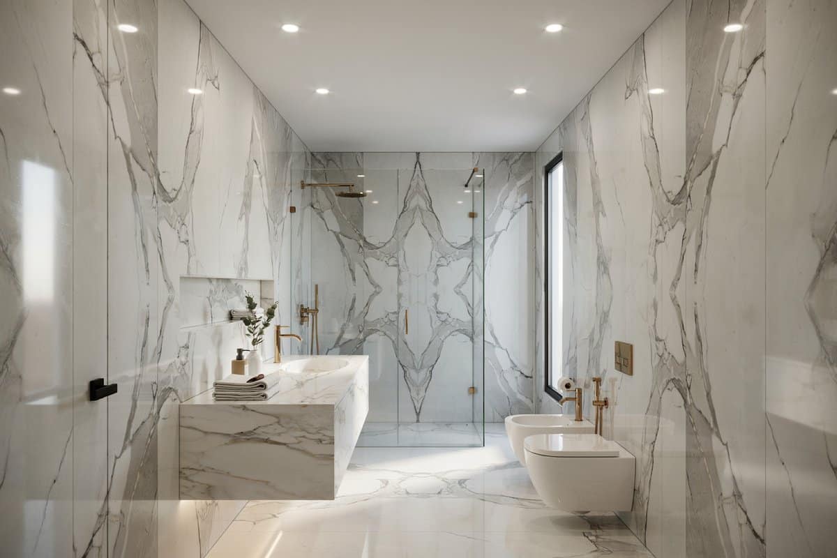 Luxury marble bathroom with white bidet, toilet, and gold walk-in shower