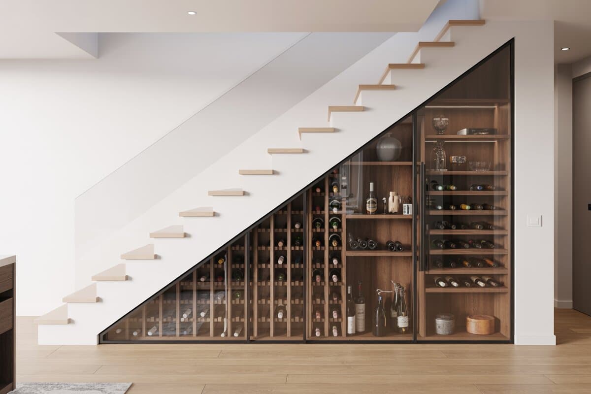 Glass-fronted wine storage angled neatly under a floating wood staircase