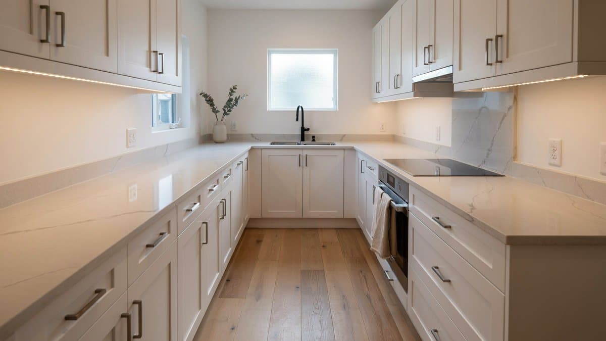 Modern galley kitchen with white cabinets and under cabinet rope lighting