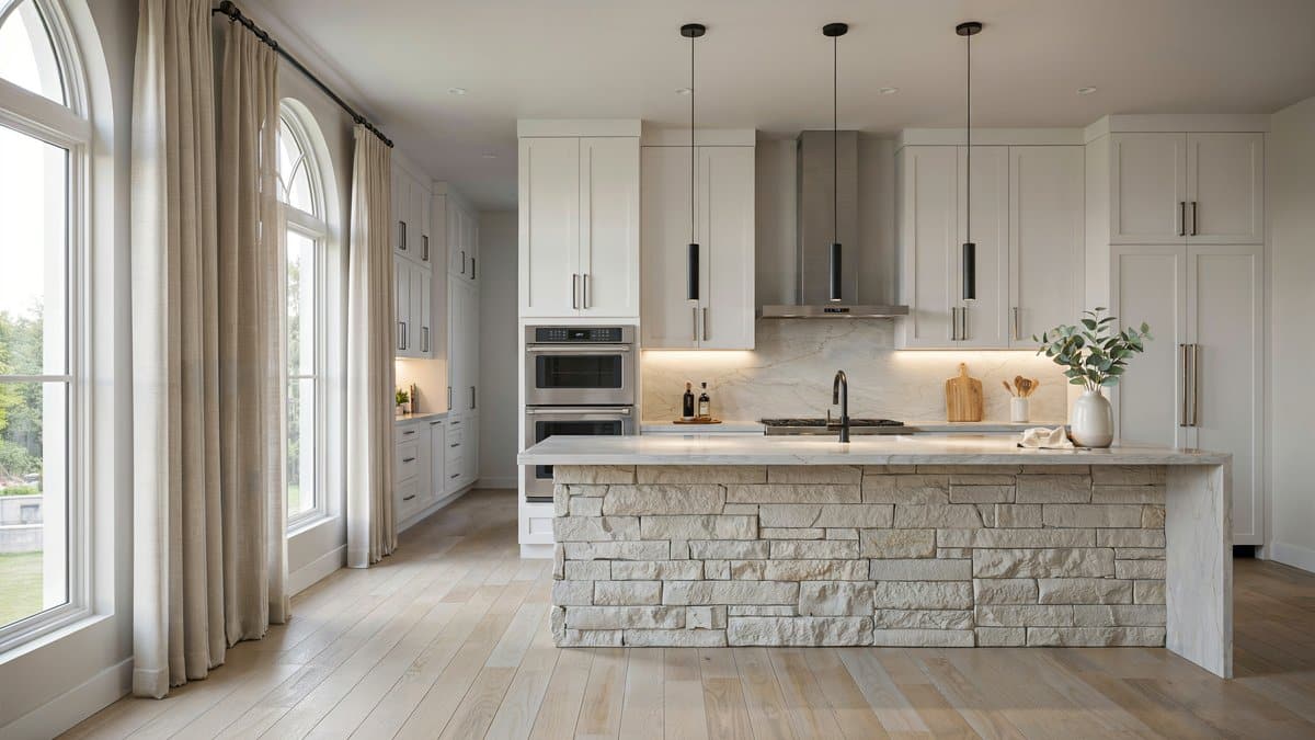 Glamorous white kitchen with under cabinet lighting and a stacked stone waterfall island