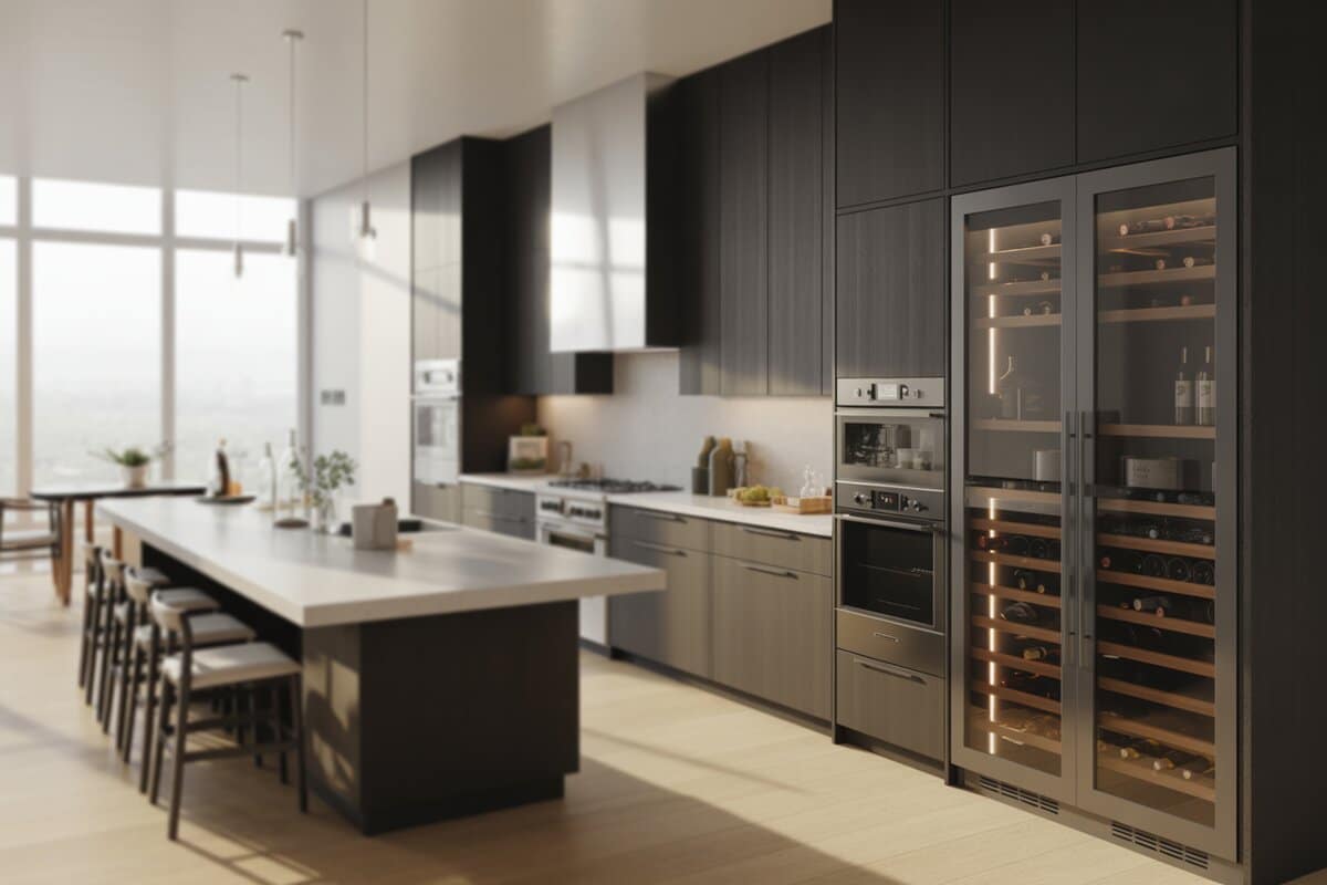 Dark modern kitchen with a tall glass wine fridge and waterfall island