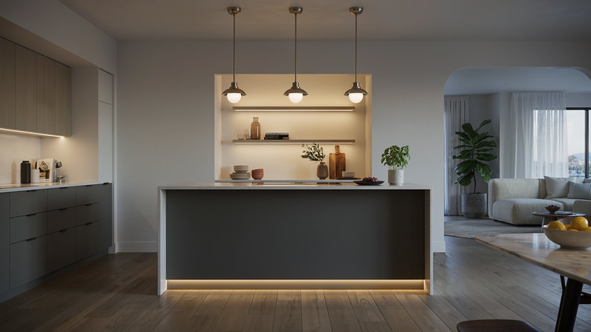 Contemporary kitchen island with under counter lighting and illuminated cabinet niche display shelves