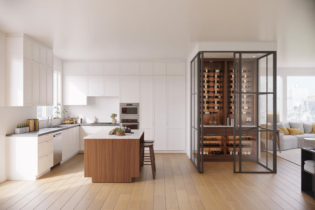 White kitchen with walnut island and corner glass wine room by living area