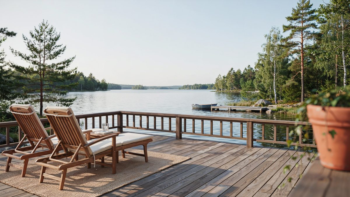 Weathered lakeside deck with wood loungers facing calm open water